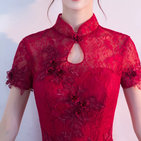 Chinese style Evening Dresses 2017 Burgundy A-Line / Princess Floor-Length / Long High Neck Short Sleeve Backless Lace Appliques Flower Formal Dresses