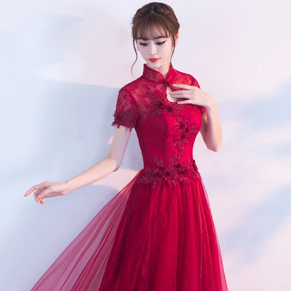 Chinese style Evening Dresses 2017 Burgundy A-Line / Princess Floor-Length / Long High Neck Short Sleeve Backless Lace Appliques Flower Formal Dresses