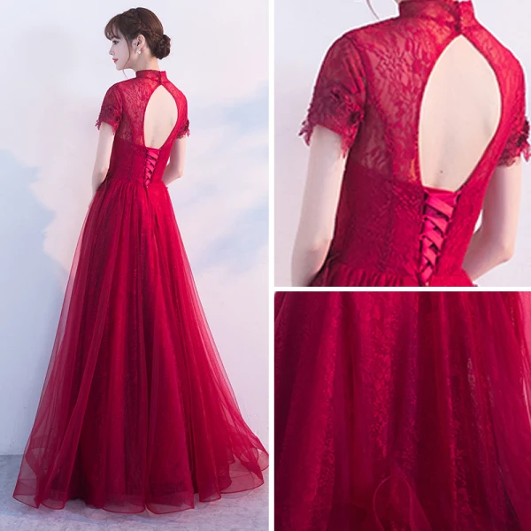 Chinese style Evening Dresses 2017 Burgundy A-Line / Princess Floor-Length / Long High Neck Short Sleeve Backless Lace Appliques Flower Formal Dresses