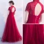 Chinese style Evening Dresses  2017 Burgundy A-Line / Princess Floor-Length / Long High Neck Short Sleeve Backless Lace Appliques Flower Formal Dresses