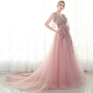 Chic Belle Robe De Soirée 2017 Rose Bonbon Princesse Chapel Train V Cou 1 2 Manches En Dentelle Appliques Fleur Perle Faux Diamant Robe De Ceremonie