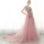 Chic / Beautiful Evening Dresses  2017 Candy Pink A-Line / Princess Chapel Train V-Neck 1/2 Sleeves Lace Appliques Flower Pearl Rhinestone Formal Dresses