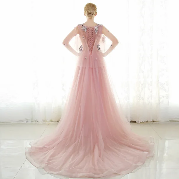 Chic / Beautiful Evening Dresses 2017 Candy Pink A-Line / Princess Chapel Train V-Neck 1/2 Sleeves Lace Appliques Flower Pearl Rhinestone Formal Dresses