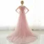 Chic / Beautiful Evening Dresses  2017 Candy Pink A-Line / Princess Chapel Train V-Neck 1/2 Sleeves Lace Appliques Flower Pearl Rhinestone Formal Dresses