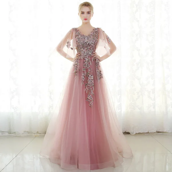 Chic / Beautiful Evening Dresses 2017 Candy Pink A-Line / Princess Chapel Train V-Neck 1/2 Sleeves Lace Appliques Flower Pearl Rhinestone Formal Dresses