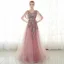 Chic / Beautiful Evening Dresses  2017 Candy Pink A-Line / Princess Chapel Train V-Neck 1/2 Sleeves Lace Appliques Flower Pearl Rhinestone Formal Dresses