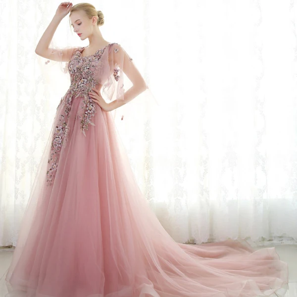 Chic / Beautiful Evening Dresses 2017 Candy Pink A-Line / Princess Chapel Train V-Neck 1/2 Sleeves Lace Appliques Flower Pearl Rhinestone Formal Dresses