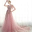 Chic / Beautiful Evening Dresses  2017 Candy Pink A-Line / Princess Chapel Train V-Neck 1/2 Sleeves Lace Appliques Flower Pearl Rhinestone Formal Dresses
