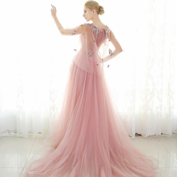Chic / Beautiful Evening Dresses 2017 Candy Pink A-Line / Princess Chapel Train V-Neck 1/2 Sleeves Lace Appliques Flower Pearl Rhinestone Formal Dresses