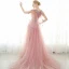 Chic / Beautiful Evening Dresses  2017 Candy Pink A-Line / Princess Chapel Train V-Neck 1/2 Sleeves Lace Appliques Flower Pearl Rhinestone Formal Dresses