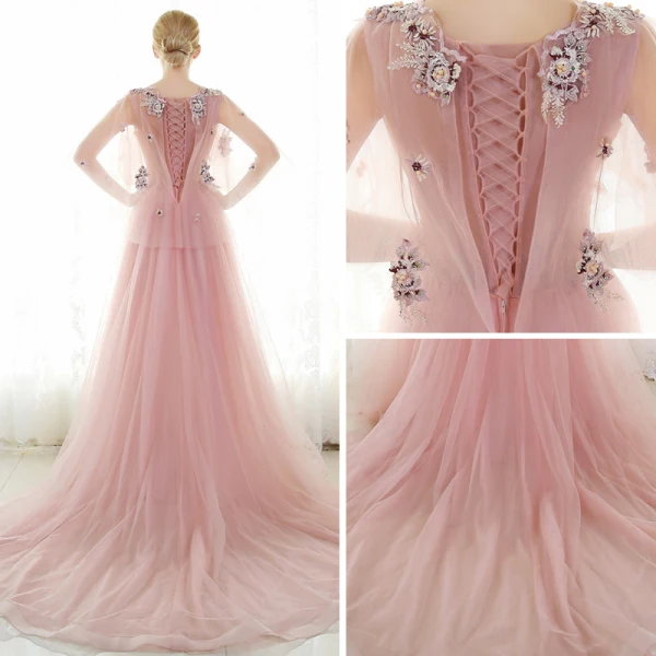 Chic / Beautiful Evening Dresses 2017 Candy Pink A-Line / Princess Chapel Train V-Neck 1/2 Sleeves Lace Appliques Flower Pearl Rhinestone Formal Dresses