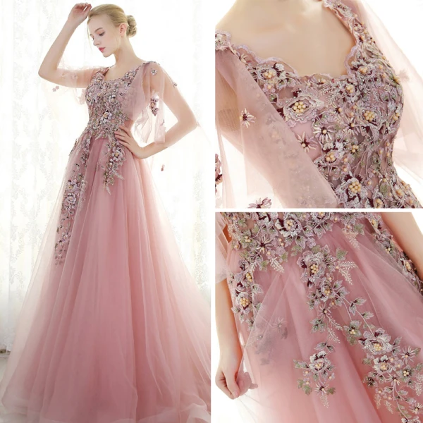 Chic / Beautiful Evening Dresses 2017 Candy Pink A-Line / Princess Chapel Train V-Neck 1/2 Sleeves Lace Appliques Flower Pearl Rhinestone Formal Dresses