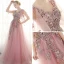 Chic / Beautiful Evening Dresses  2017 Candy Pink A-Line / Princess Chapel Train V-Neck 1/2 Sleeves Lace Appliques Flower Pearl Rhinestone Formal Dresses