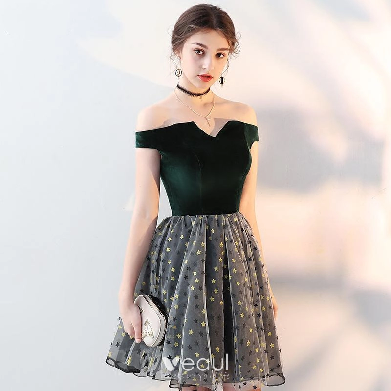 Modern Fashion Dark Green Suede Party Dresses 2018 A Line Princess Amazing Unique Off The Shoulder Short Sleeve Star Short Ruffle Backless Formal Dresses