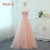 Chic / Beautiful Pearl Pink See-through Bridesmaid Dresses 2018 A-Line / Princess Scoop Neck Sleeveless Appliques Lace Bow Sash Ruffle Backless Wedding Party Dresses