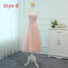 Chic / Beautiful Pearl Pink See-through Bridesmaid Dresses 2018 A-Line / Princess Scoop Neck Sleeveless Appliques Lace Bow Sash Ruffle Backless Wedding Party Dresses