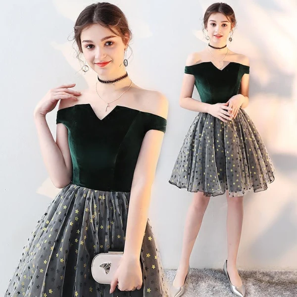Modern / Fashion Dark Green Suede Party Dresses 2018 A-Line / Princess Amazing / Unique Off-The-Shoulder Short Sleeve Star Short Ruffle Backless Formal Dresses