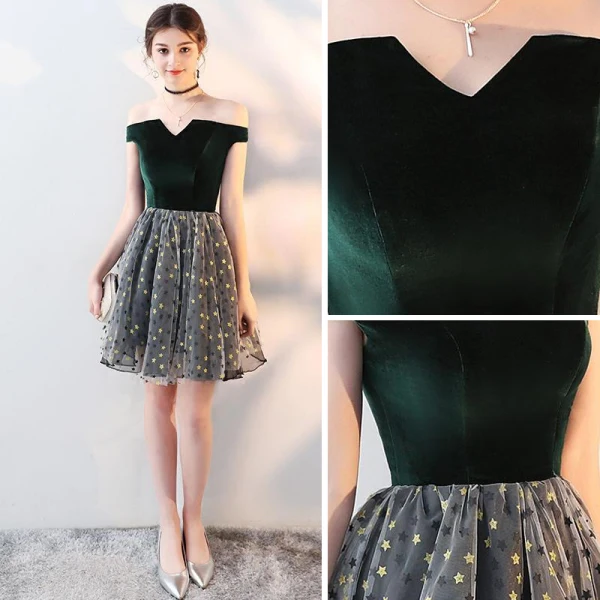 Modern / Fashion Dark Green Suede Party Dresses 2018 A-Line / Princess Amazing / Unique Off-The-Shoulder Short Sleeve Star Short Ruffle Backless Formal Dresses