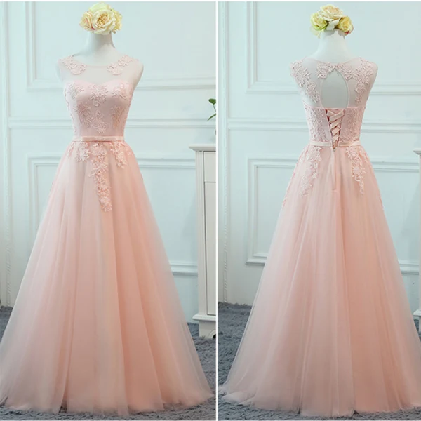 Chic / Belle Perle Rose Transparentes Robe Demoiselle D'honneur 2018 Princesse Encolure Dégagée Sans Manches Appliques En Dentelle Noeud Ceinture Volants Dos Nu Robe Pour Mariage