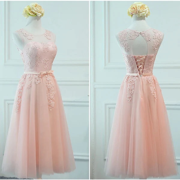 Chic / Belle Perle Rose Transparentes Robe Demoiselle D'honneur 2018 Princesse Encolure Dégagée Sans Manches Appliques En Dentelle Noeud Ceinture Volants Dos Nu Robe Pour Mariage