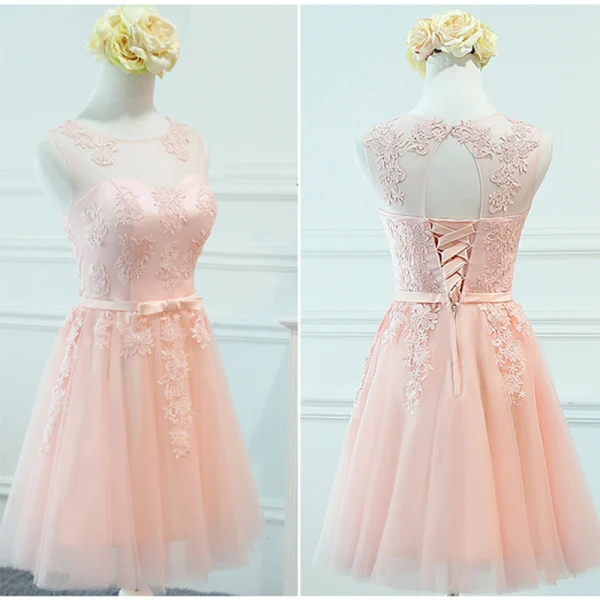 Chic / Belle Perle Rose Transparentes Robe Demoiselle D'honneur 2018 Princesse Encolure Dégagée Sans Manches Appliques En Dentelle Noeud Ceinture Volants Dos Nu Robe Pour Mariage