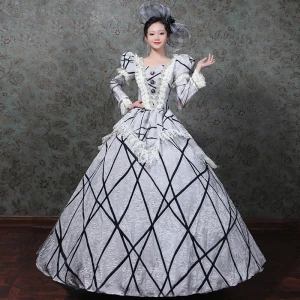 Vintage Retro Medieval Ball Gown Prom Dresses 2021 Silver V Neck Zipper Up Floor Length Long Long Sleeve Beading Crystal Rhinestone Handmade Lace Satin Cosplay Prom Formal Dresses