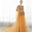 Chic / Beautiful Evening Dresses  2017 Gold A-Line / Princess Chapel Train Scoop Neck Long Sleeve Sash Lace Appliques Flower Pearl Sequins Formal Dresses