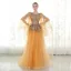 Chic / Beautiful Evening Dresses  2017 Gold A-Line / Princess Chapel Train Scoop Neck Long Sleeve Sash Lace Appliques Flower Pearl Sequins Formal Dresses