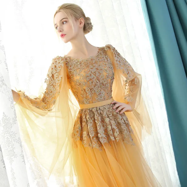 Chic / Beautiful Evening Dresses 2017 Gold A-Line / Princess Chapel Train Scoop Neck Long Sleeve Sash Lace Appliques Flower Pearl Sequins Formal Dresses
