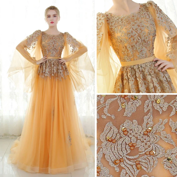 Chic / Beautiful Evening Dresses 2017 Gold A-Line / Princess Chapel Train Scoop Neck Long Sleeve Sash Lace Appliques Flower Pearl Sequins Formal Dresses