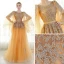 Chic / Beautiful Evening Dresses  2017 Gold A-Line / Princess Chapel Train Scoop Neck Long Sleeve Sash Lace Appliques Flower Pearl Sequins Formal Dresses