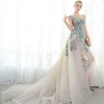 Luxe Robe De Soirée 2017 Champagne Princesse Chapel Train Encolure Dégagée Sans Manches Dos Nu En Dentelle Appliques Glitter Faux Diamant Percé Robe De Ceremonie