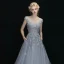 Chic / Beautiful Evening Dresses  2017 Grey A-Line / Princess Chapel Train Scoop Neck Sleeveless Backless Lace Appliques Flower Rhinestone Pierced Formal Dresses