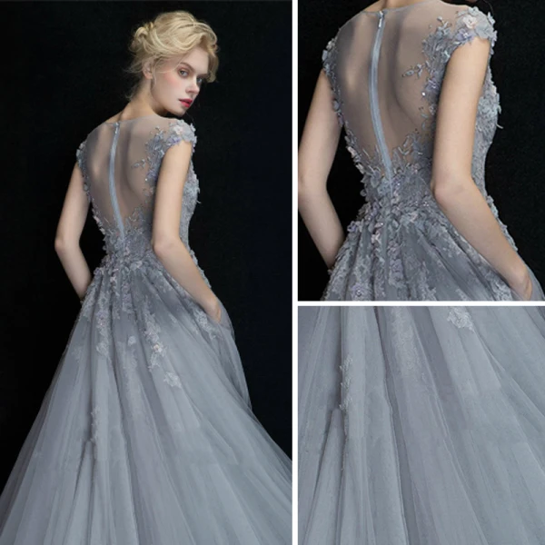 Chic / Beautiful Evening Dresses  2017 Grey A-Line / Princess Chapel Train Scoop Neck Sleeveless Backless Lace Appliques Flower Rhinestone Pierced Formal Dresses