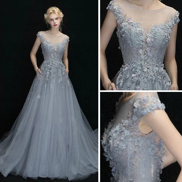 Chic / Beautiful Evening Dresses  2017 Grey A-Line / Princess Chapel Train Scoop Neck Sleeveless Backless Lace Appliques Flower Rhinestone Pierced Formal Dresses