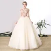 Chinese style Prom Dresses 2017 Champagne Ball Gown Floor-Length / Long High Neck Short Sleeve Appliques Flower Beading Sequins Formal Dresses