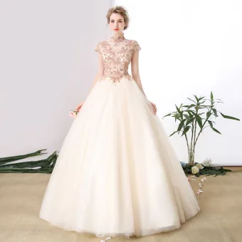 Chinesischer Stil Ballkleider 2017 Champagner Ballkleid Lange Stehkragen Kurze Ärmel Applikationen Blumen Perlenstickerei Pailletten Festliche Kleider