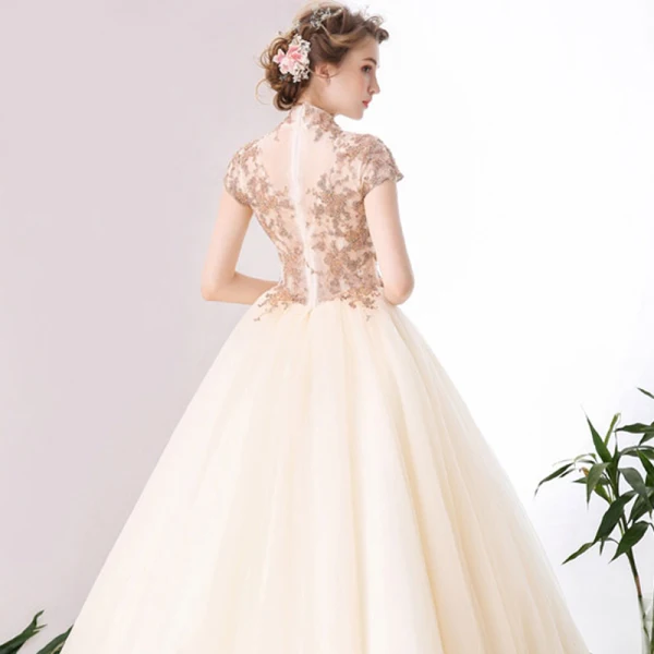 Chinese style Prom Dresses 2017 Champagne Ball Gown Floor-Length / Long High Neck Short Sleeve Appliques Flower Beading Sequins Formal Dresses