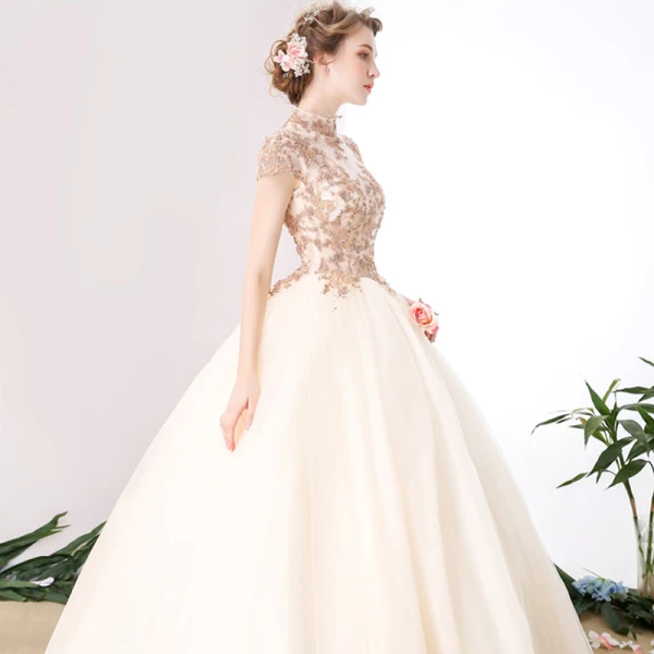 Chinese style Prom Dresses 2017 Champagne Ball Gown Floor-Length / Long High Neck Short Sleeve Appliques Flower Beading Sequins Formal Dresses