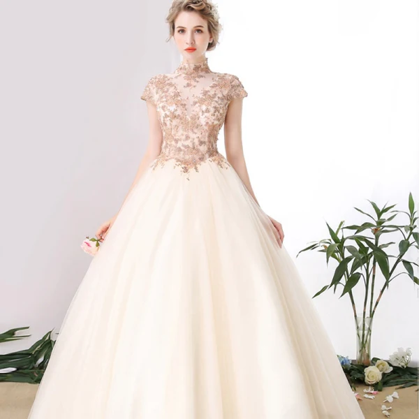 Chinese style Prom Dresses 2017 Champagne Ball Gown Floor-Length / Long High Neck Short Sleeve Appliques Flower Beading Sequins Formal Dresses