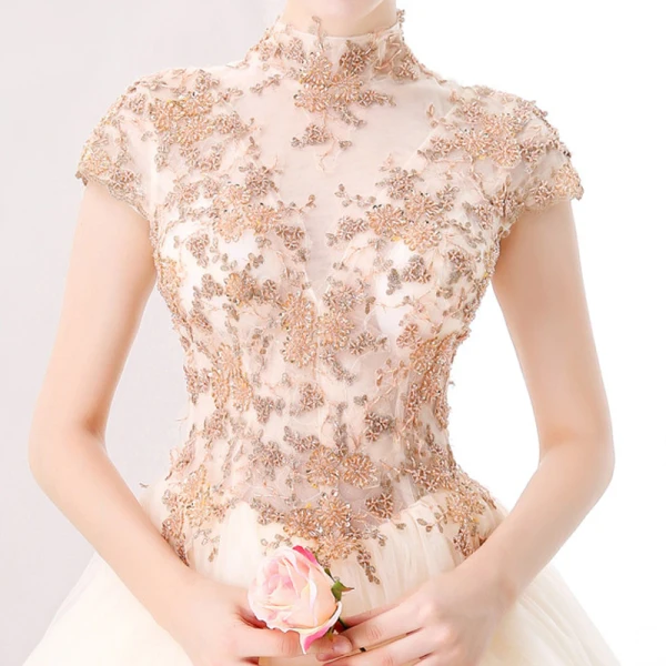 Chinese style Prom Dresses 2017 Champagne Ball Gown Floor-Length / Long High Neck Short Sleeve Appliques Flower Beading Sequins Formal Dresses