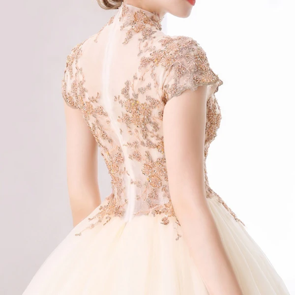 Chinese style Prom Dresses 2017 Champagne Ball Gown Floor-Length / Long High Neck Short Sleeve Appliques Flower Beading Sequins Formal Dresses