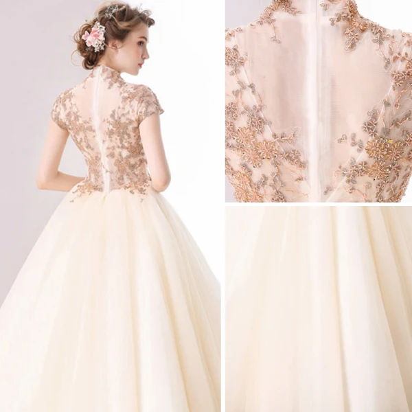 Chinese style Prom Dresses 2017 Champagne Ball Gown Floor-Length / Long High Neck Short Sleeve Appliques Flower Beading Sequins Formal Dresses