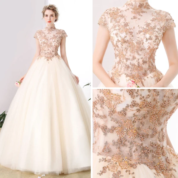 Chinese style Prom Dresses 2017 Champagne Ball Gown Floor-Length / Long High Neck Short Sleeve Appliques Flower Beading Sequins Formal Dresses