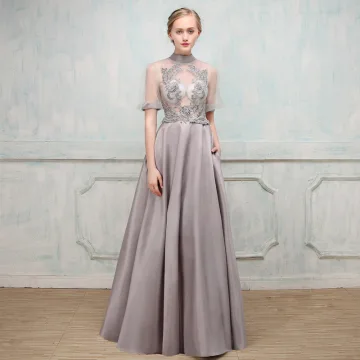 Fine Selskapskjoler 2017 Grå Prinsesse Lange Høy Hals Korte Ermer Ryggløse Boret Appliques Blomst Beading Perle Formelle Kjoler