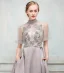 Chic / Beautiful Evening Dresses  2017 Grey A-Line / Princess Floor-Length / Long High Neck Short Sleeve Backless Pierced Appliques Flower Beading Pearl Formal Dresses