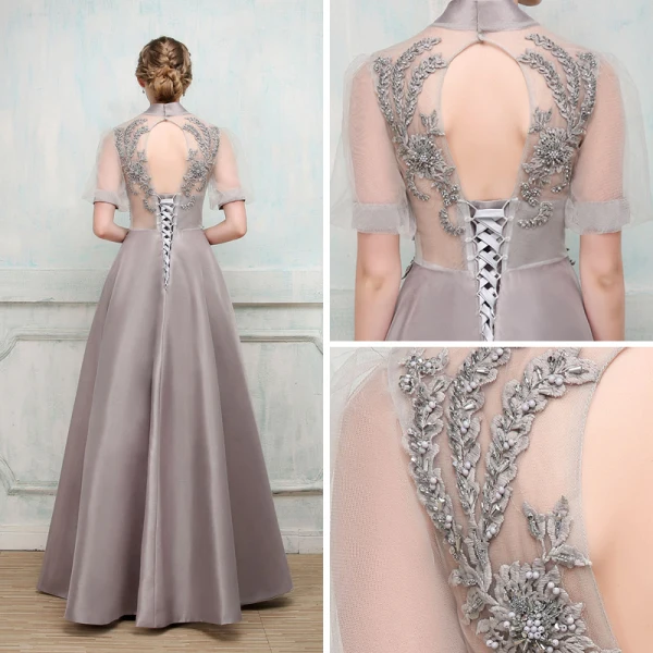 Chic / Beautiful Evening Dresses 2017 Grey A-Line / Princess Floor-Length / Long High Neck Short Sleeve Backless Pierced Appliques Flower Beading Pearl Formal Dresses