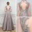 Chic / Beautiful Evening Dresses  2017 Grey A-Line / Princess Floor-Length / Long High Neck Short Sleeve Backless Pierced Appliques Flower Beading Pearl Formal Dresses