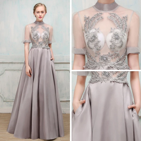 Chic / Beautiful Evening Dresses 2017 Grey A-Line / Princess Floor-Length / Long High Neck Short Sleeve Backless Pierced Appliques Flower Beading Pearl Formal Dresses
