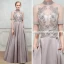 Chic / Beautiful Evening Dresses  2017 Grey A-Line / Princess Floor-Length / Long High Neck Short Sleeve Backless Pierced Appliques Flower Beading Pearl Formal Dresses